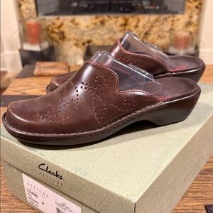 Clarks Brown Perforated Mules